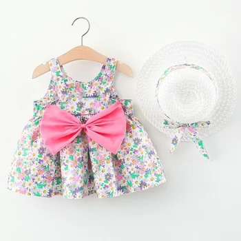 2 ks Letní Baby Girl Oblečení Korean Roztomilý Tisk Velkých Luk Květiny Princezna Šaty Batole Šaty Novorozence Oblečení Nastavit BC2201-1