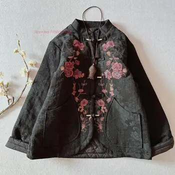 2024 národní květinové výšivky vintage hanfu topy etnické bavlněné povlečení kabát ženy bavlna-polstrovaný bunda retro zahustit teplý kabát
