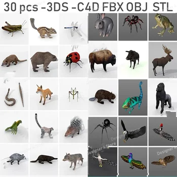 30PSC 3DS Hmyzu, Zvířat Nízké Tvář C4D Model Eagle Chameleon Elk Myš Prase Dikobraz, Medvěd RabbitFox Vážka FBX / OBJ /STL C4D