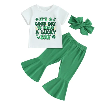 Batole Dívky St Patrick s Den, Oblečení Flare Kalhoty Krátký Rukáv T-Košile Čtyřlístek Tisk Kalhoty s Čelenkou Sady