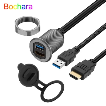 Bochara USB 3.0+HDMI Kompatibilní se 4K@60Hz Rozšíření Kabel Samec Samice Palubní desku Flush Mount Panel Pro Auta 1m