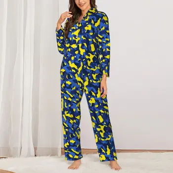 Camo Print Pyžamo Dámské Modrá Žlutá Kamufláž Elegantní Spánku Noční Prádlo Podzim Dva Kus Vintage Nadrozměrné Vlastní Pyžama Sady
