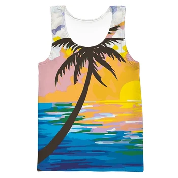 HX Pánská Tílka Hawaii Polynéské Romantický Ostrov Soumraku Coconut Tree Tištěné Tees 3D Grafický Vesty Polyester Sportovní oblečení
