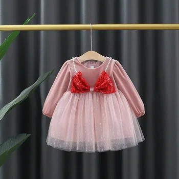 Jarní Novorozence Dívčí Dětské Oblečení motýlek Pearl Flitr Šaty pro batole Dívky Baby Oblečení 1. Narozeniny Tutu Šaty šaty