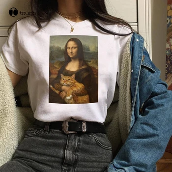 Letní Mona Lisa Objetí Kočka Tištěné T Košile Úsměv Mony Lisy 3D T-Shirt Casual T-Shirt Krátký Rukáv T Košile Tričko unisex