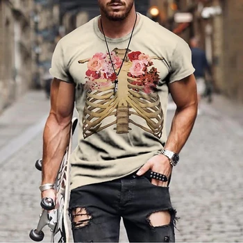 Letní pánská trička 3D Tištěné Lebka Grafické T Košile Ulici O-neck Krátký Rukáv Topy Nadrozměrných Tričko Muži Vintage Oblečení