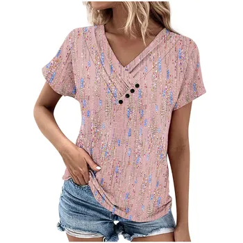 Ležérní Volné 3D Tisk T Shirt Ženy Módní V-neck Krátký Rukáv T Košile Pro Ženy 2024 Letní Záhyby Tlačítko Tričko Topy Dámy