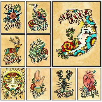 Luna Tetování Lebka Ptáka Mexické Úšklebek Plakáty, Nástěnné Obrázky Pro Obývací Pokoj Vintage Plakát Wall Art Malířské Plátno Nezarámované