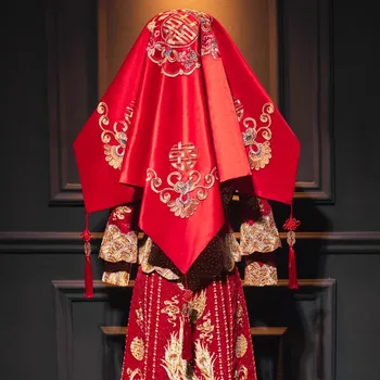 Mingli Tengda Vyšívané Červené Čepici Nevěsta Čínské Svatební Svatební Show On Oblečení Červené Víčko Svatební Čelenka Ukazují, Že Maskovaný Hlava