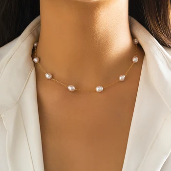 Minimalismus Elegantní Imitace Pearl Klíční kost Řetěz Neckalce Ženy Wed Svatební Goth Tenké Link Náhrdelník Přítelkyně Y2K Šperky Dárek