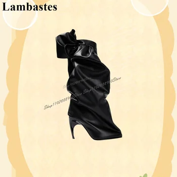 Plus Velikost Černé Koleno Vysoké Matné Kožené Boty Tenký Vysoký Podpatek Dámské Boty Slip-On Špičaté Toe 2023 Módní Zapatos Para Mujere