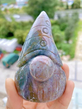 Přírodní Krystal Gnome, Trpaslík, Vysoký Klobouk Figurky Carving Oceánu Jasper Léčivé Kameny Pro Výzdobu Domova Vánoční Dárky