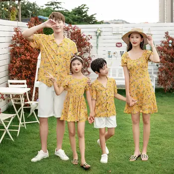 Rodina Vypadat Dovolenou Oblečení Otec a Syn, Dítě, Pláž Košile Sady Matka Dcera Žluté Květinové Šaty Rodič Dítě Oblečení Set