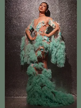 Sexy Zelené Gázy S Hlubokým Výstřihem Bow Tie Tisk Dlouhé Koncové Šaty Pro Ženy Carnival Drag Queen Oblečení Fázi Ples Kostýmy