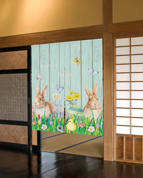 Velikonoční Zajíček, Motýl, Květina, Dřevo, Obilí Dveře Závěs Japonském Stylu Oddíl Závěs pro Kuchyň Ložnice Dekorační Závěs