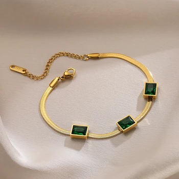 Vintage a Bohémský Styl Šperky Zlaté Barvy 316L Nerezové Oceli, Had Řetěz Náramky Pro Ženy Zelený Krystal CZ Šperky Žena