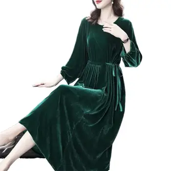 Vintage Ležérní Maxi Šaty Pro Ženy Sametové Slim Korejský Styl-Line Ženské Dlouhé Šaty, Elegantní Podzim Vestidos Dámské Oblečení