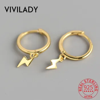 VIVILADY 100% 925 Sterling Silver Geometrické Blesk Přívěsek Ženy Hoop Náušnice Zlato Stříbrné Barvě Malé Módní Ženy Šperky