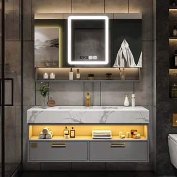 Vlastní Světlo Luxusní Koupelna Kamenné Desky Celé Washbin Umyvadlo Umyvadlo Smart Koupelnová Skříňka Kombinace