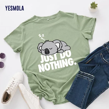 YESMOLA Nové Dámské tričko Roztomilé Líný Koala Print T-košile Ženy Krátký Rukáv Bavlna Trička Topy Ženy Letní Tričko Plus Velikost