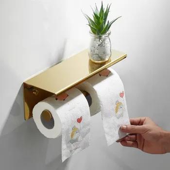 Zlatý Moderní Nástěnný Držák Toaletního Papíru Z Nerezové Oceli Double Roll Tkáně Držitel Koupelnové Role Papíru Skladovací Stojan Hotel