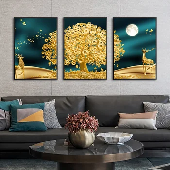 Zlatý Umění Jelen Peníze Strom, Zeď, Picture Islámské Umění Zdi Bez Rámu Abstraktní Měsíc Tisk na Plátno, Plakát zátiší