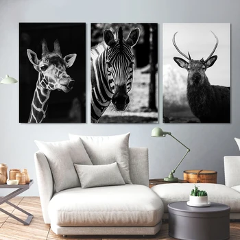 Černá a Bílá Zvířata, Zebra, Jelen, Žirafa, Plátno, Malba, Fotografie, Plakáty a Tisk Nástěnné obrázky pro Obývací Pokoj Domácí Dekor
