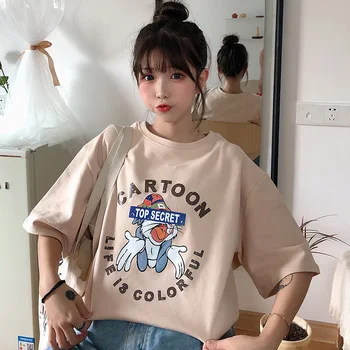 Ženské Korean Harajuku Dopis Retro Ležérní Tisk Loose T-shirt Ženy T-košile Topy Japonské Kawaii Ulzzang Oblečení Pro Ženy