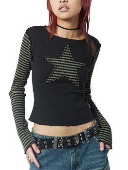 Ženy Hvězdičkový Oprava Pruhované T-Shirt 90 E-Holka, Gothic Tričko Y2k O-Krk Vintage Streetwear Club Party Tees