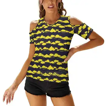 Žluté Mraky Ženy T-Shirt Jedno Rameno Šněrování Sexy Top T Košile Vydlabat Topy Tees Mraků Cloud Žlutá Navy Navy Pozadí