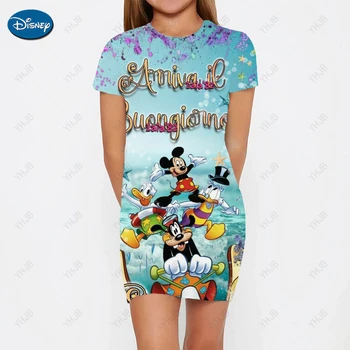 2023 Dívčí Letní Nové Disney Mickey Mouse Tisk Kolem Krku Krátký Rukáv Slim Fit Roztomilé Šaty Ulici Dívčí Oblečení