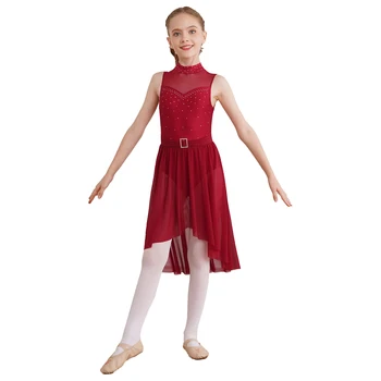 Děti Dívky Drahokamu Balet, Moderní Latinské Moderní Taneční Lyrické Šaty Bez Rukávů Zpět Hollow High-Low Lem Trikot Šaty