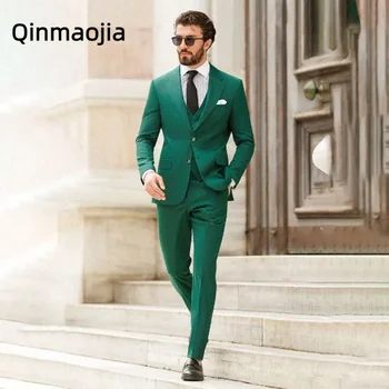 Formální Business Casual Zelené Pánské Obleky Módní Zářez Klopě 3 Ks Svatební Ženich Oblek Slim Fit (Sako+Vesta+Kalhoty)Kostým