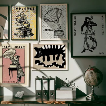 Jazzový Festival Fonograf, Cello, Saxofon Cat Wall Art Malířské Plátno Hudby Nordic Plakáty A Tisky, Obrazy Na Stěnu Obývací Pokoj Dekor