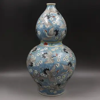 Modrý Čínský Tykev Váza Bílý Jeřáb, Třešeň Sakura Porcelánové Vázy Starožitné Vysoký Vintage 60S Váza