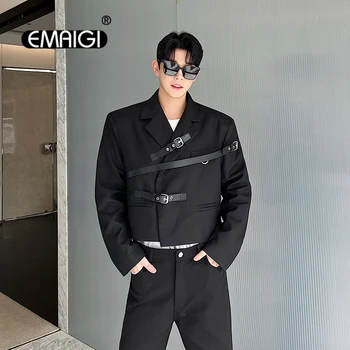 Muži Obvaz Kožené Spony Krátké Blejzry Sako Korejské Streetwear Módy Volné Ležérní Vintage Sako Kabát Muži Oblečení