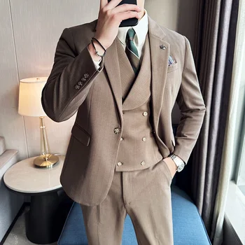 Nové Vysoce Kvalitní Pánské (oblek + Vesta + Kalhoty) Svatební Oblek S-5XL korejské Hezký Módní Trend Slim Pruhované Obleku 3/2-dílná Sada