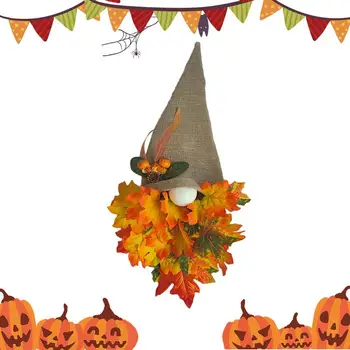 Osvětlené Gnome Podzim Věnec Barevné Halloween Gnome Věnec Se Světly Farm Holiday Dekor Pro Krb, Obývací Pokoj, Přední Dveře
