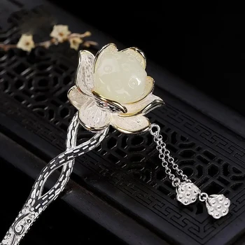 Přírodní Hetian bílé jade lotus vlásenka střapcem Čínském stylu retro řemeslo původní kouzlo světlo luxusní šperky pro ženy